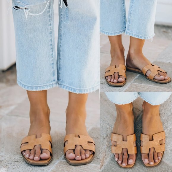 NEW Croc Embossed H Band Slide Sandals Camel Nude - Picture 8 of 14